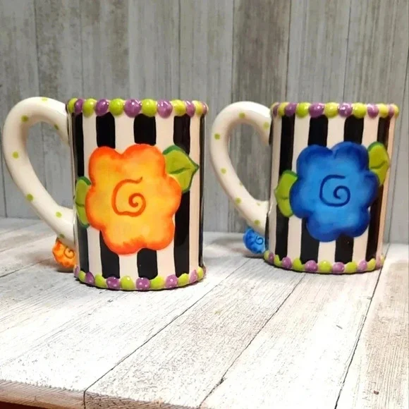 Essentials by Home Set of  2 Easter Floral Rabbit Large Coffee Mugs Whimsical - Picture 1 of 6